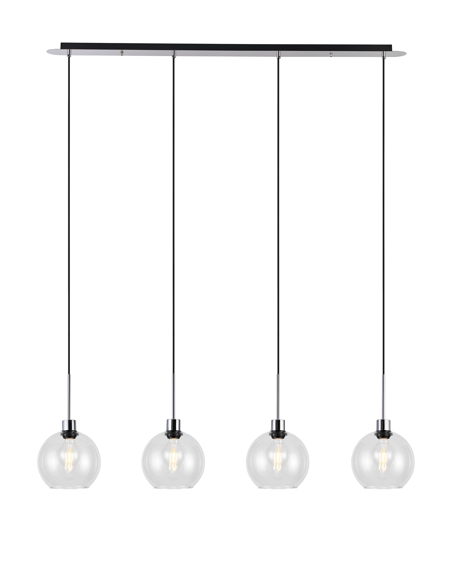 DK1320  Lori Linear Pendant, 4 Light Adjustable E27, Polished Chrome/Clear Open Mouth Round Globe Shades